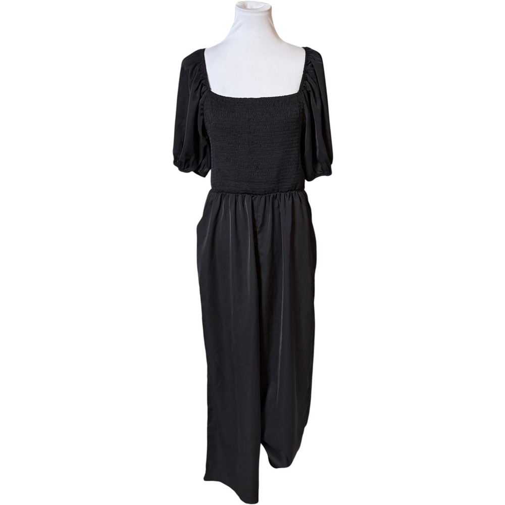 Welove Fashion Jumpsuit Women‎ XL Black Smocked Puff Sleeve Tie Back Wide Leg